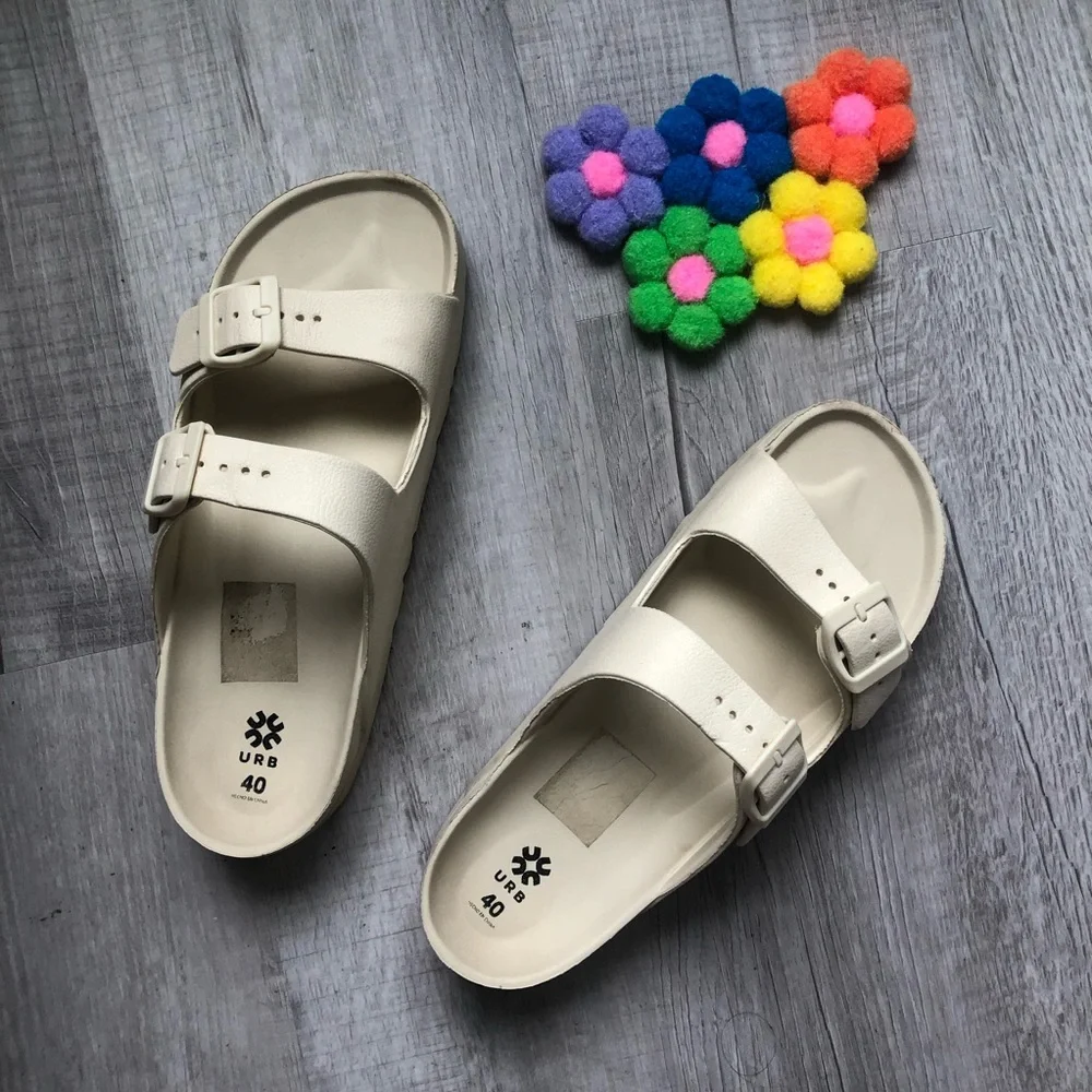 Women’s Cream Double-Buckle Slide Sandals